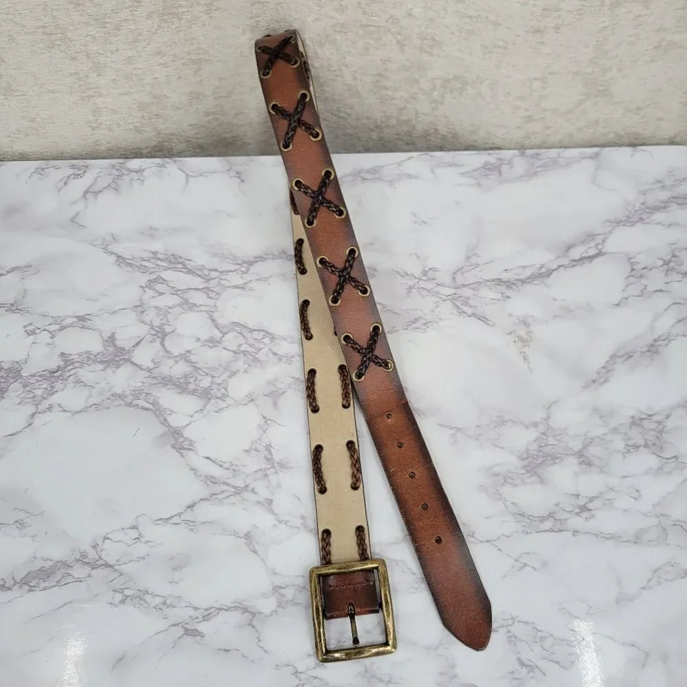 Brown Bonded Leather Belt with Brass Buckle Braided X Design Western